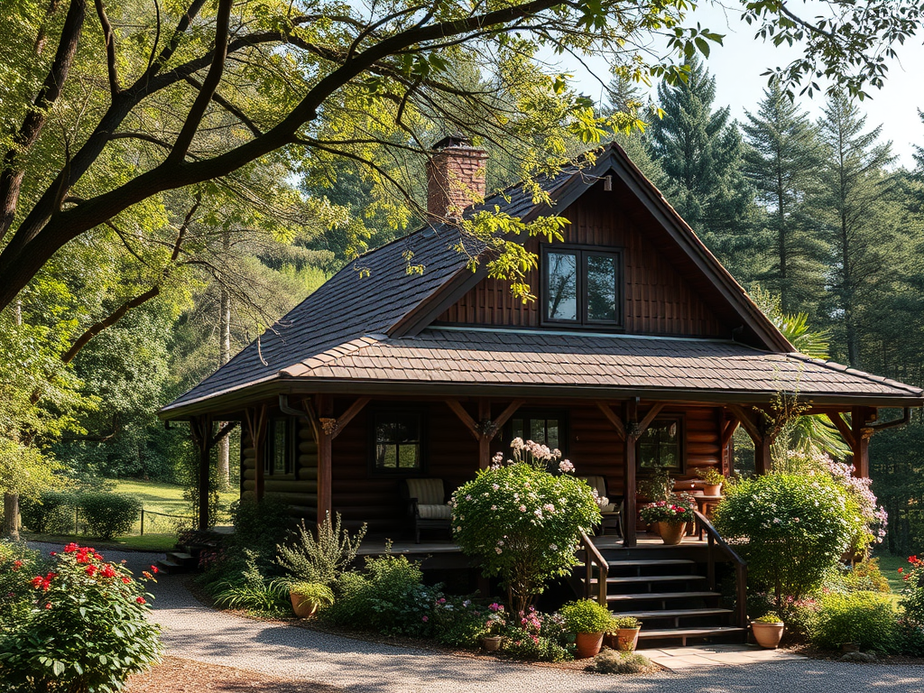 Красивая деревянная дача окружена зелеными деревьями и цветущими растениями. Спокойная загородная обстановка.