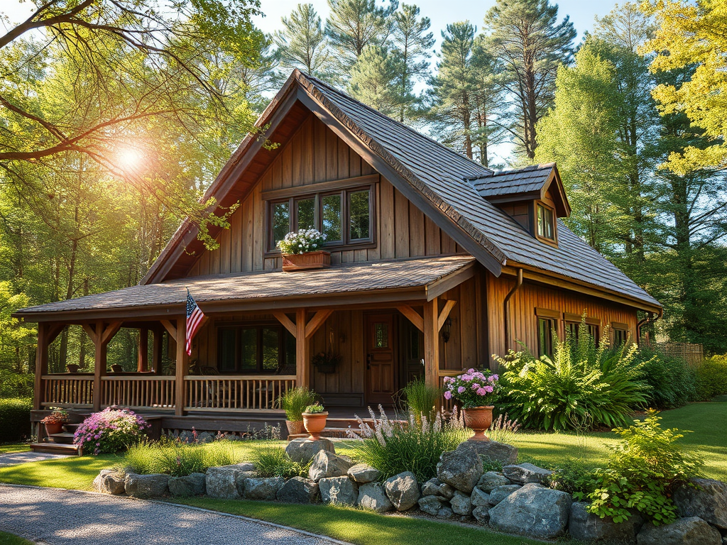 Деревянный дом в лесу, окружённый зелеными деревьями и цветами, с солнцем на горизонте.
