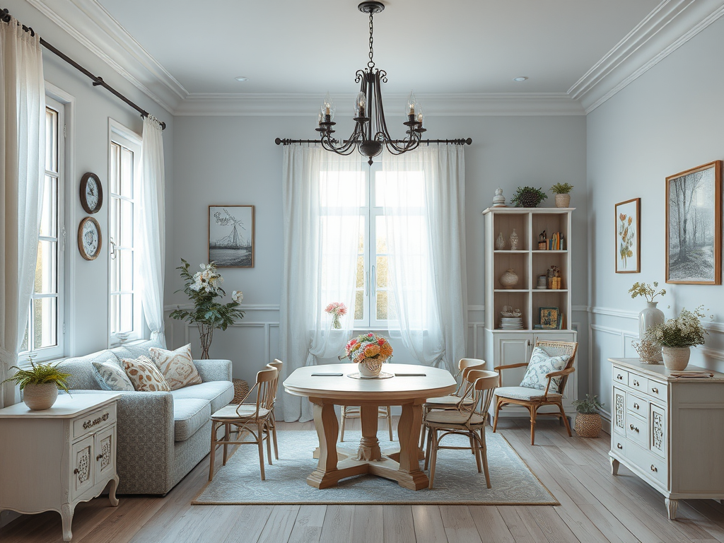 Светлая и уютная гостиная с обедом, красивыми картинами и зелеными растениями в роскошном интерьере.