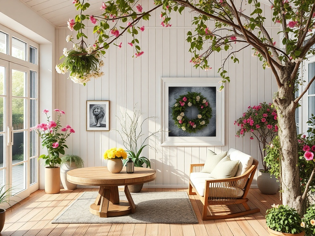 Светлая комната с деревьями, цветами и уютной мебелью. На стене художественная работа и зелёный венок.