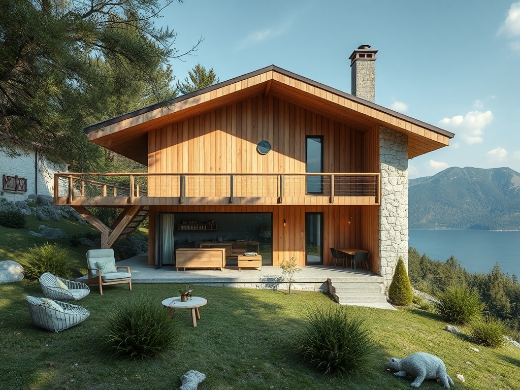 Современный деревянный дом на берегу озера, окружённый зеленью и горами, с террасой и уютной обстановкой.