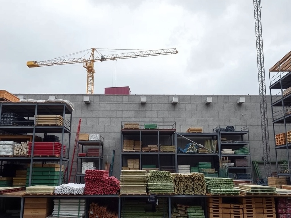 Склад с древесными материалами, строительные недостройки и подъемный кран на фоне облачного неба.