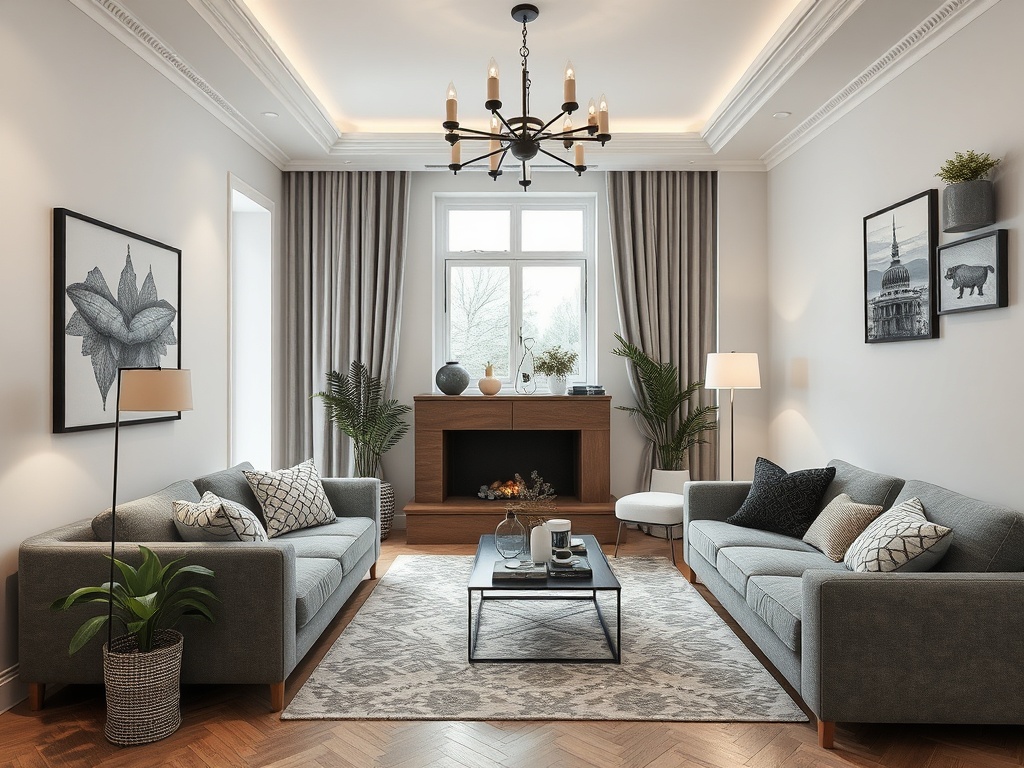Современная гостиная с серыми диванами, камином и светлыми занавесками, оформленная в нейтральных тонах.