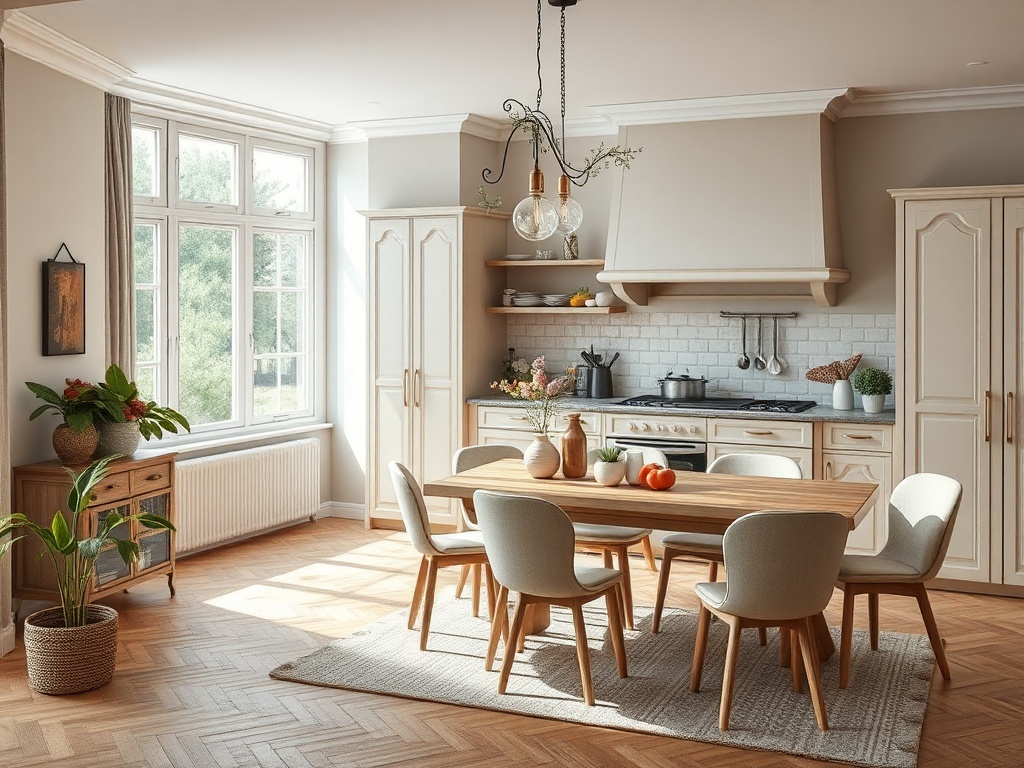 Светлая кухня с деревянным столом, мягкими стульями и зелеными растениями у окна. Стильный и уютный интерьер.