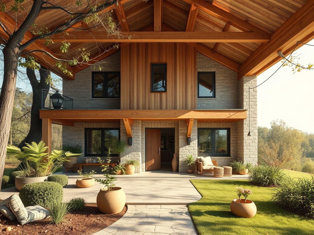Современный дом с деревянным фасадом и зелеными насаждениями на фоне природы. Уют и гармония с окружающим миром.