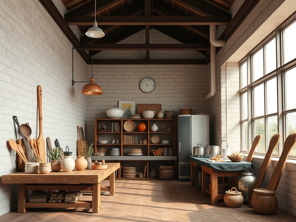 Современная кухня с большими окнами, деревянной мебелью и разнообразной посудой на полках.