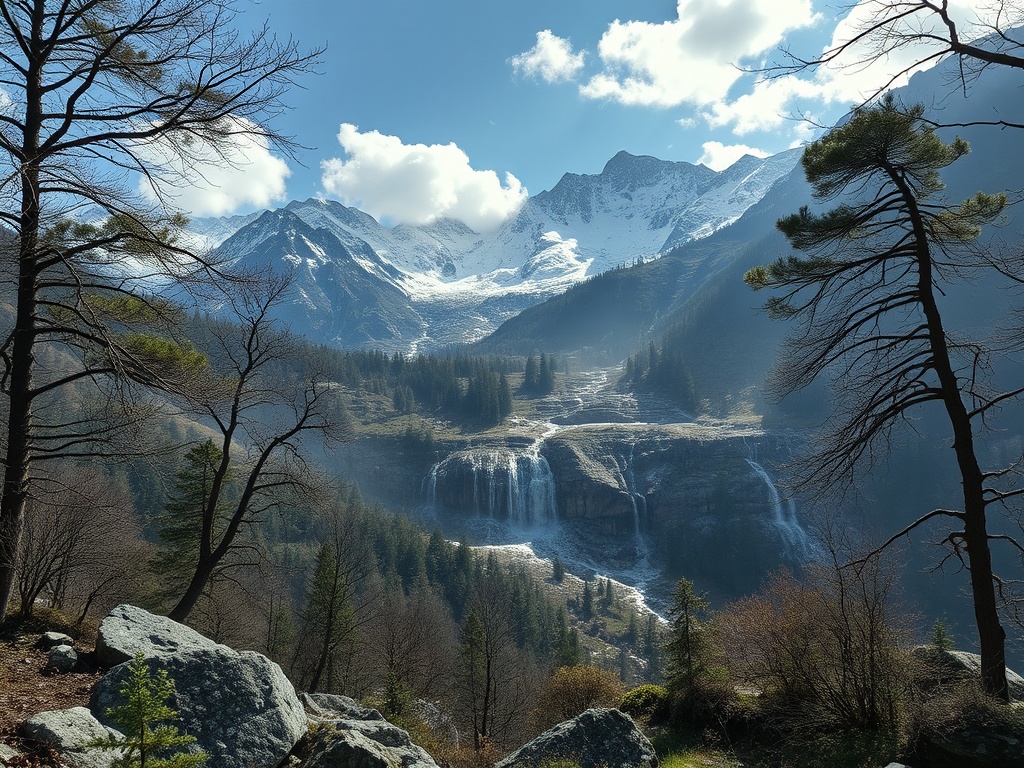 На фоне горы с заснеженными вершинами и водопадом раскинулась живописная природа. Чистое небо и деревья.