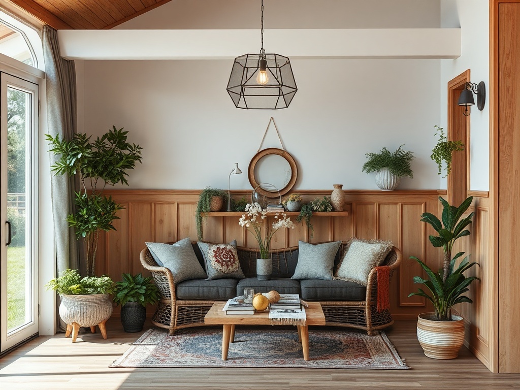Уютная гостиная с диваном, деревянными стенами и растениями, придающими свежесть и тепло интерьеру.