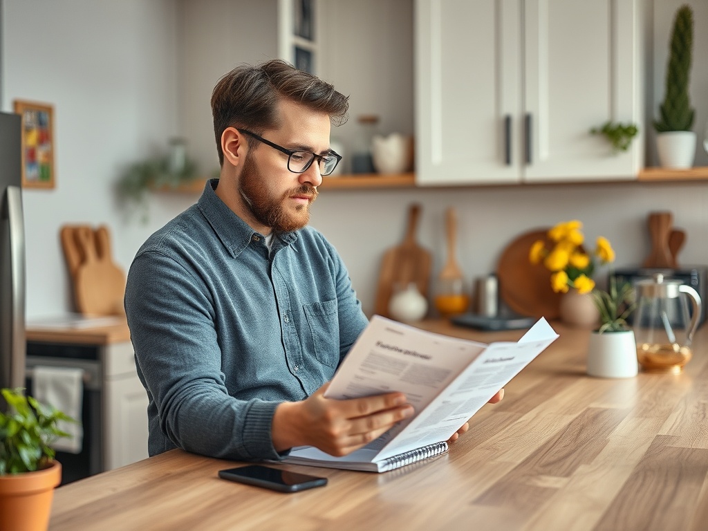 Мужчина в серой рубашке читает документы за деревянным столом на кухне. На фоне — цветы и кухонная утварь.