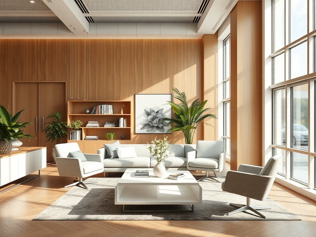 Современный светлый интерьер с удобной мебелью, зелеными растениями и большими окнами.