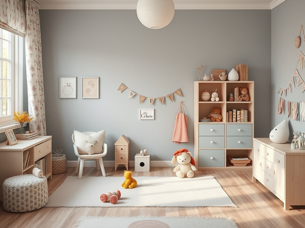 Детская комната с мягким освещением, игрушками и уютной атмосферой. Стены классического серого цвета.