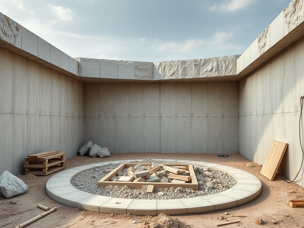 Пустая комната с круглой площадкой из камней, окруженная бетонными стенами и строительными материалами.