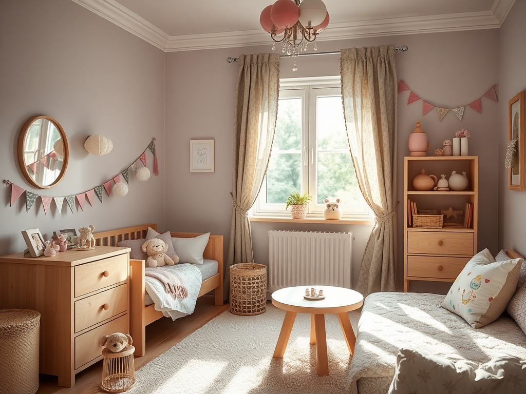 Светлая детская комната с кроваткой, креслом, столиком и украшениями на стенах, наполненная уютом.