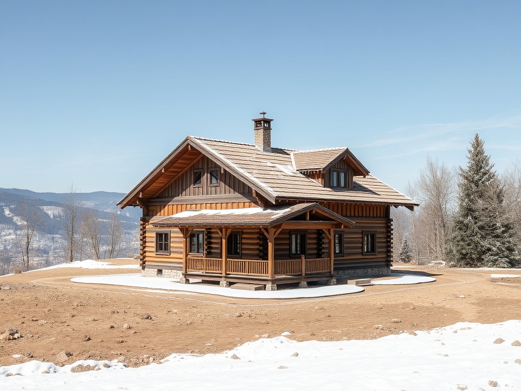 Деревянный дом на фоне зимнего пейзажа, окружённый снегом и лесом, с ясным небом.