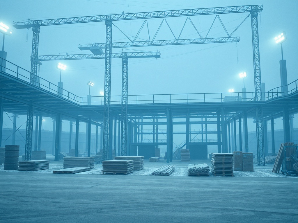 Строительная площадка с кранами и строительными материалами в полумраке. Освещение сдержанное и холодное.