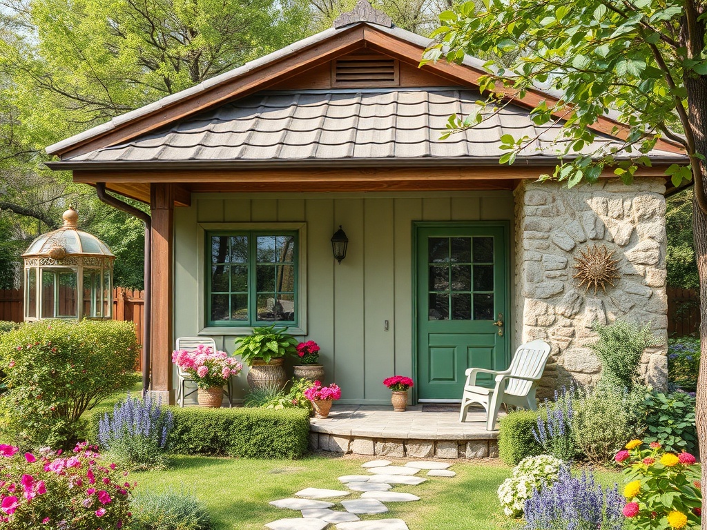 Небольшой дом с зеленой дверью, окруженный цветами и ухоженным садом. Вокруг много зелени.