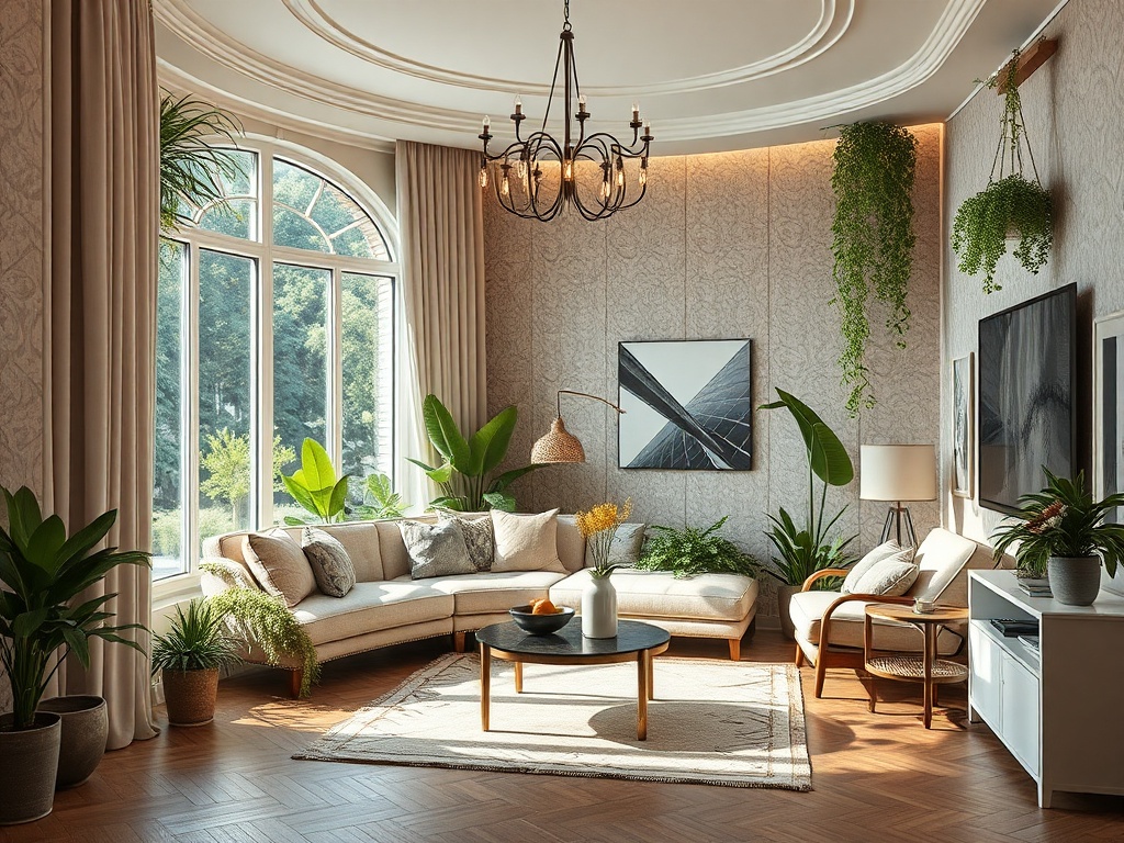 Уютная гостиная с большими окнами, растениями и стильной мебелью, наполненная светом и теплом.