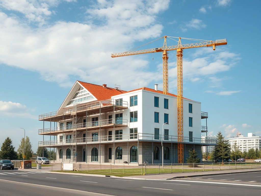 На изображении строящееся здание с кранами и строительными лесами под голубым небом.