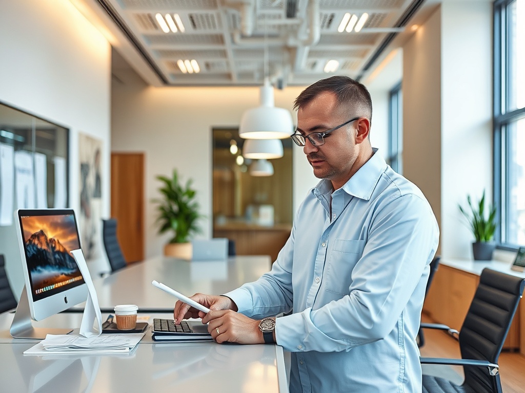 Мужчина в офисе работает на компьютере и планшете, вокруг современный интерьер с растениями.