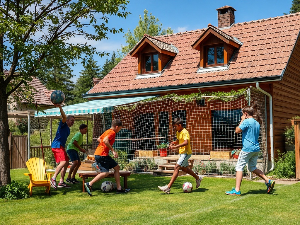 На заднем дворе пятеро детей играют в футбол у деревянного дома. Яркое солнечное лето.