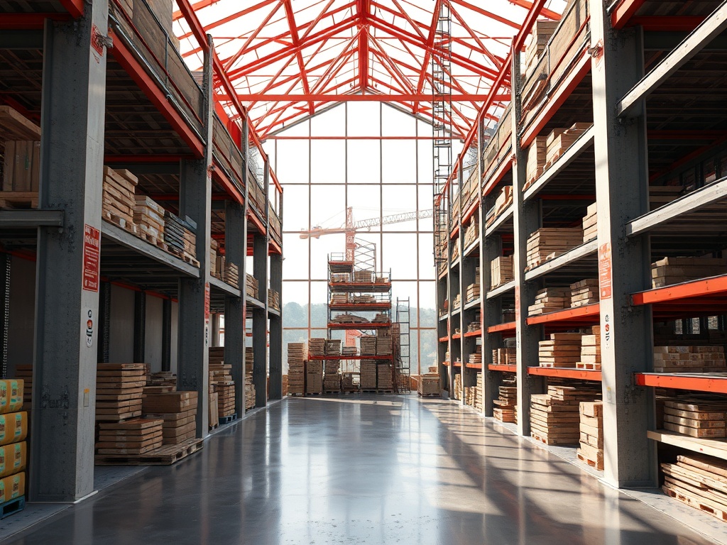 Склад с высокими полками, заполненными коробками, и большими окнами, пропускающими свет.