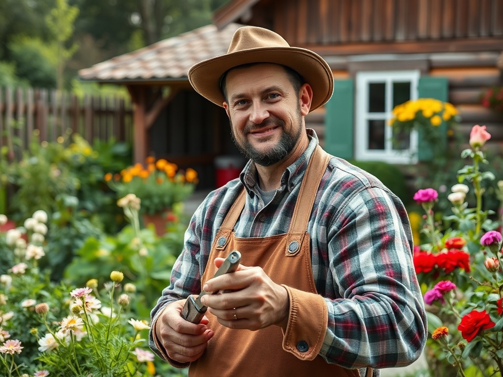 Мужчина в шляпе и фартуке стоит в саду, держит инструмент и улыбается на фоне цветущих растений.