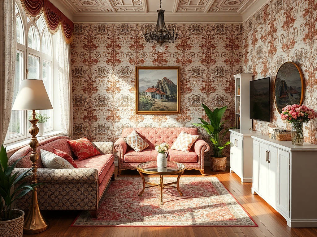 Светлая гостиная с розовыми диванами, картиной на стене, телевизором и яркими цветами в вазе.