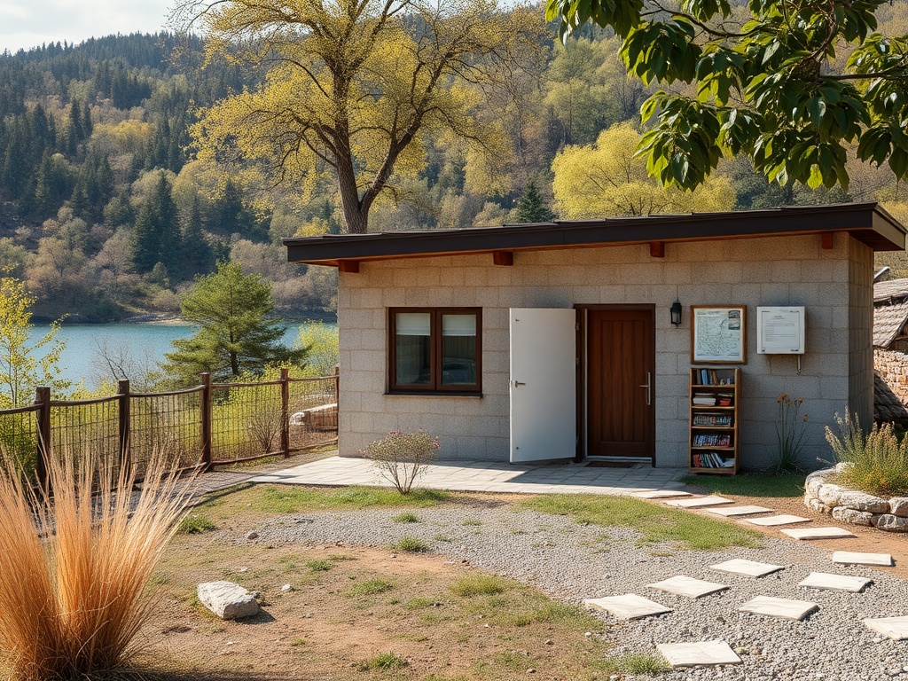 Уютный домик у озера, окружённый природой. Солнечный день, зелёные деревья и дорога из камней.