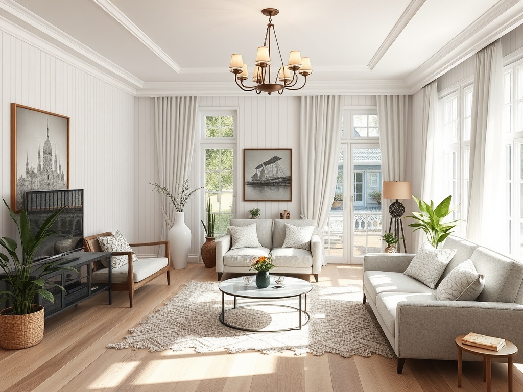 Светлая гостиная с уютной меблировкой, большими окнами и зелеными растениями. Элегантный интерьер и уютная атмосфера.