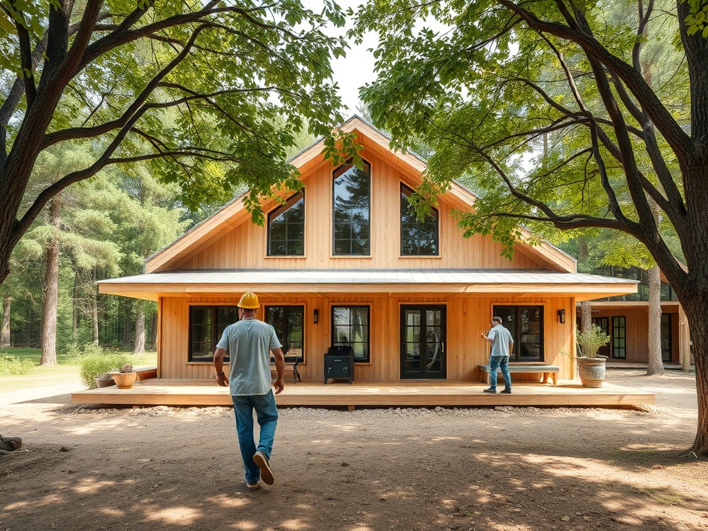 Два строителя работают около нового деревянного дома на фоне зелёных деревьев. Теплая, солнечная атмосфера.