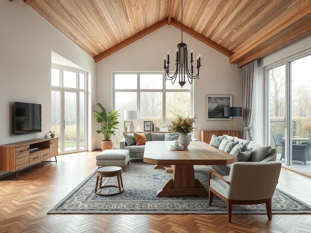 Современный светлый интерьер гостиной с деревянным потолком, большим столом и уютными диванами.