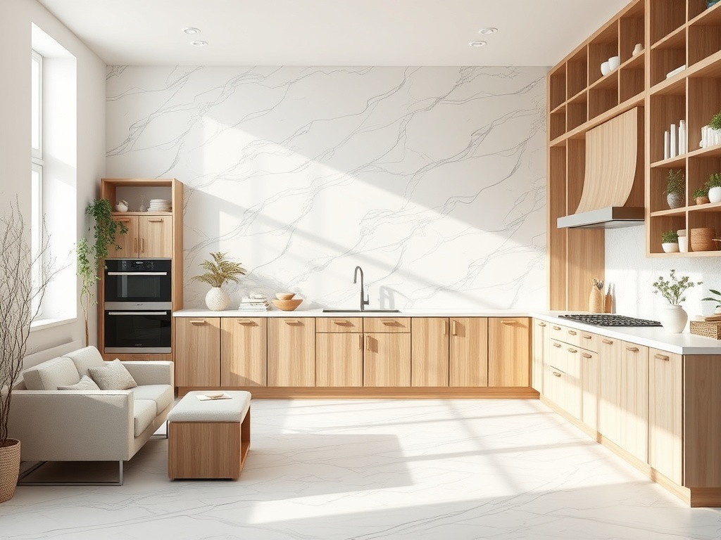 Светлая современная кухня с деревянными шкафами и техникой, оформленная в минималистическом стиле.