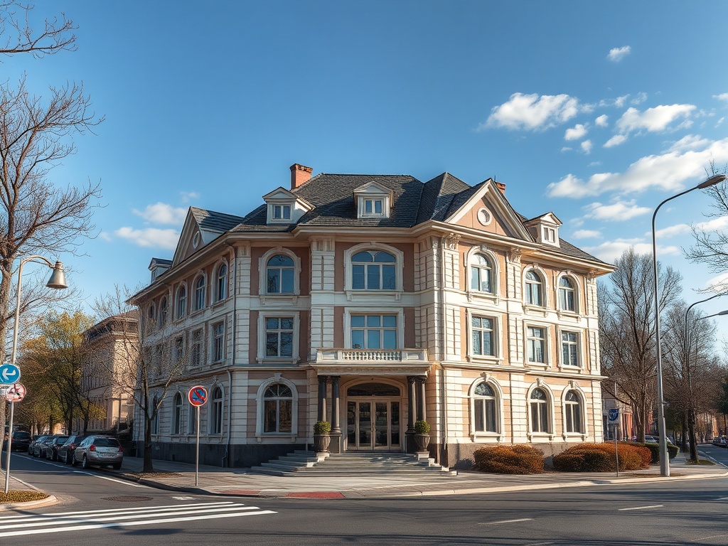 Здание в стиле ренессанса с большими окнами и элегантным фасадом на фоне ясного неба.