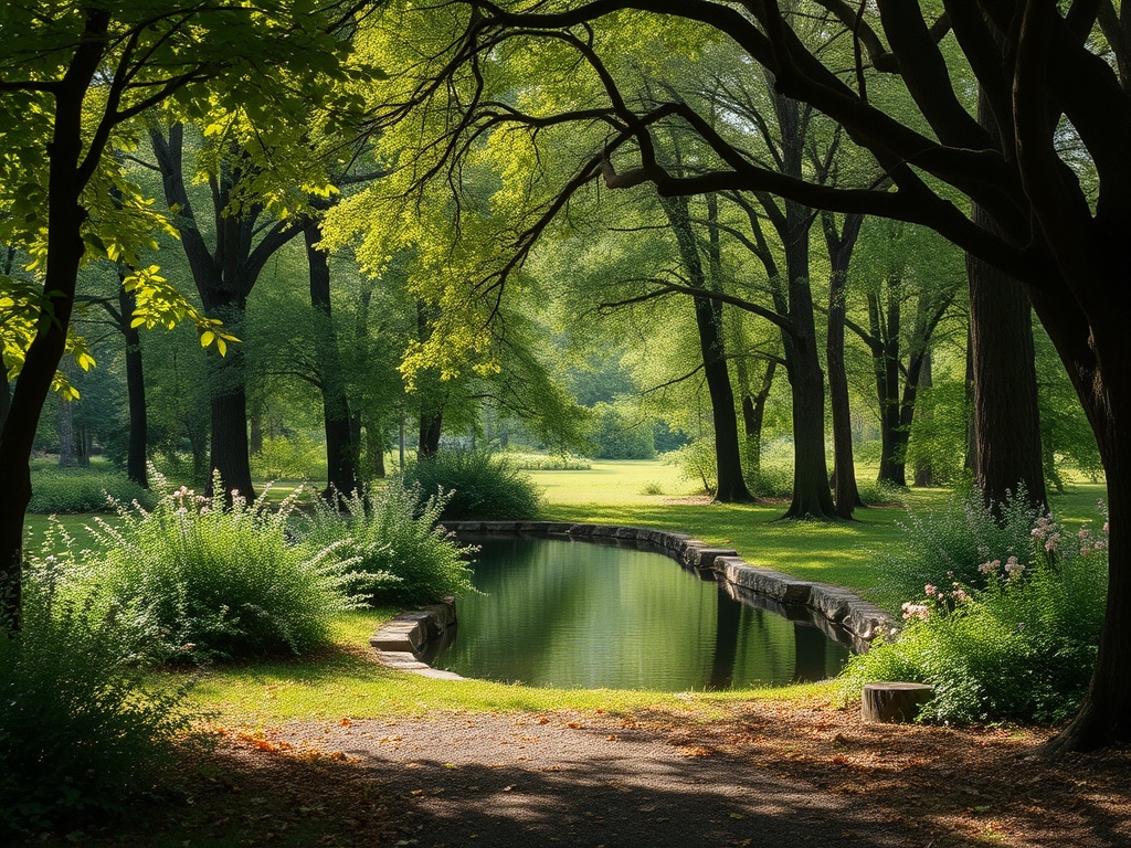 Спокойный парк с зелеными деревьями и прудом, окруженным цветами и кустами. Солнечный и уютный пейзаж.
