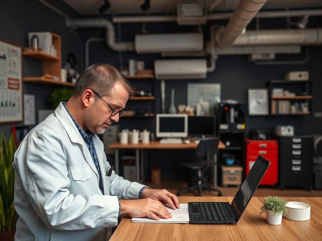 Человек в белом халате работает за ноутбуком в современном офисе с зелёными растениями и компьютерной техникой.