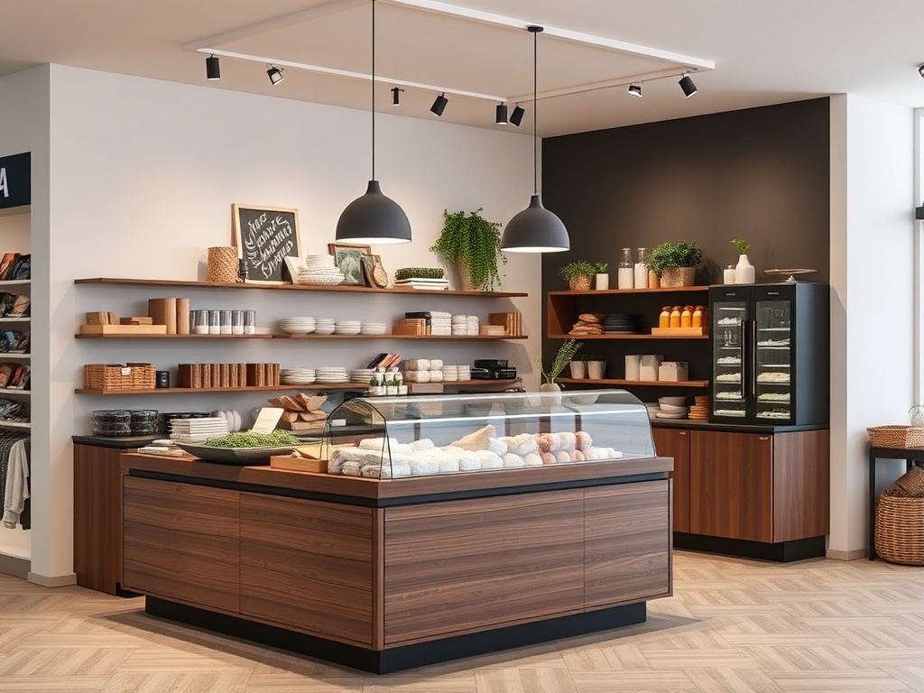 Современный кафе с деревянной мебелью, стеклянной витриной и уютной атмосферой. Стеллажи с посудой и продуктами.