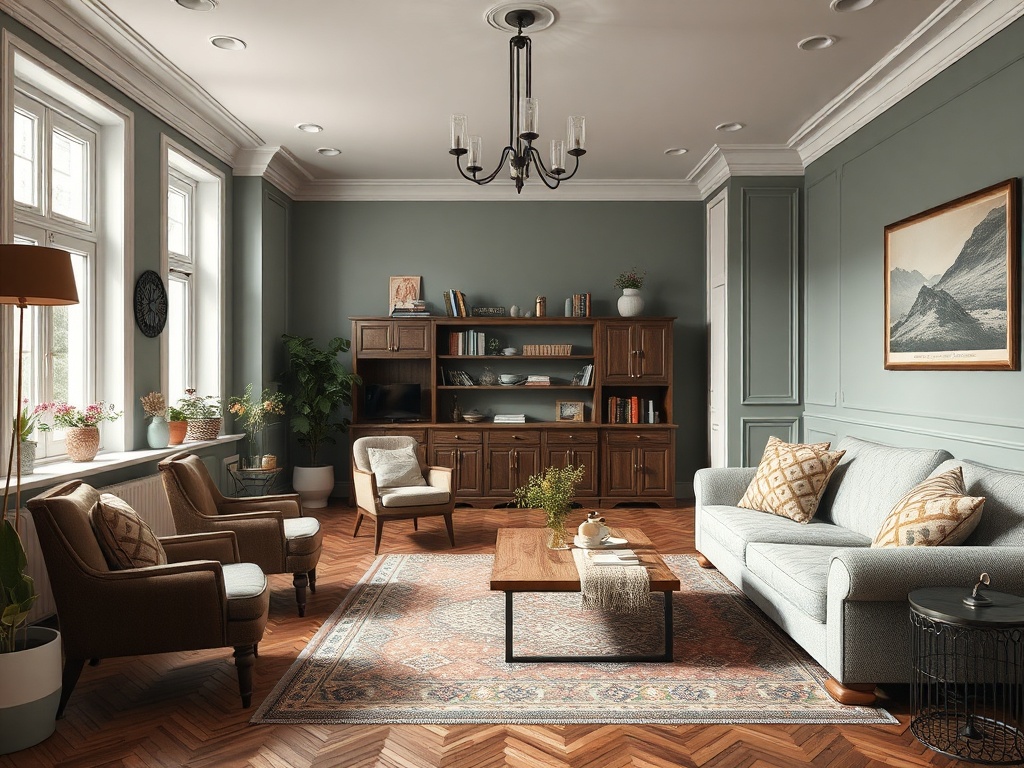 Современная оформленная гостиная с уютной мебелью и теплым освещением. Стены окрашены в зеленый цвет.