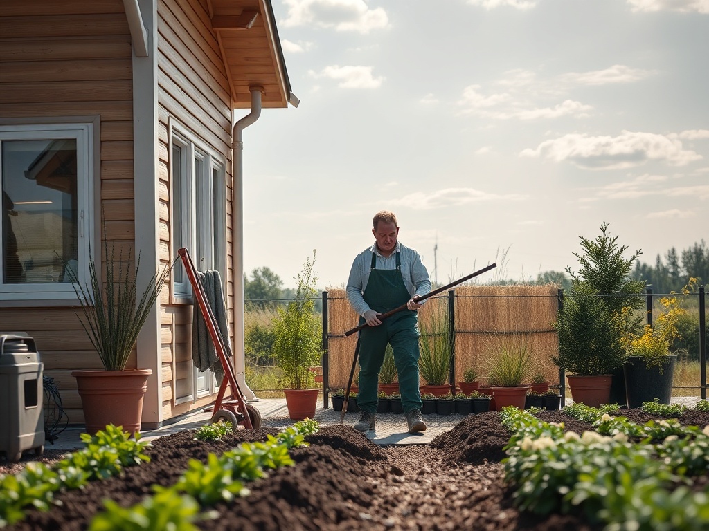 У мужчины в саду под солнечным небом, он работает с инструментом возле дома и растений.