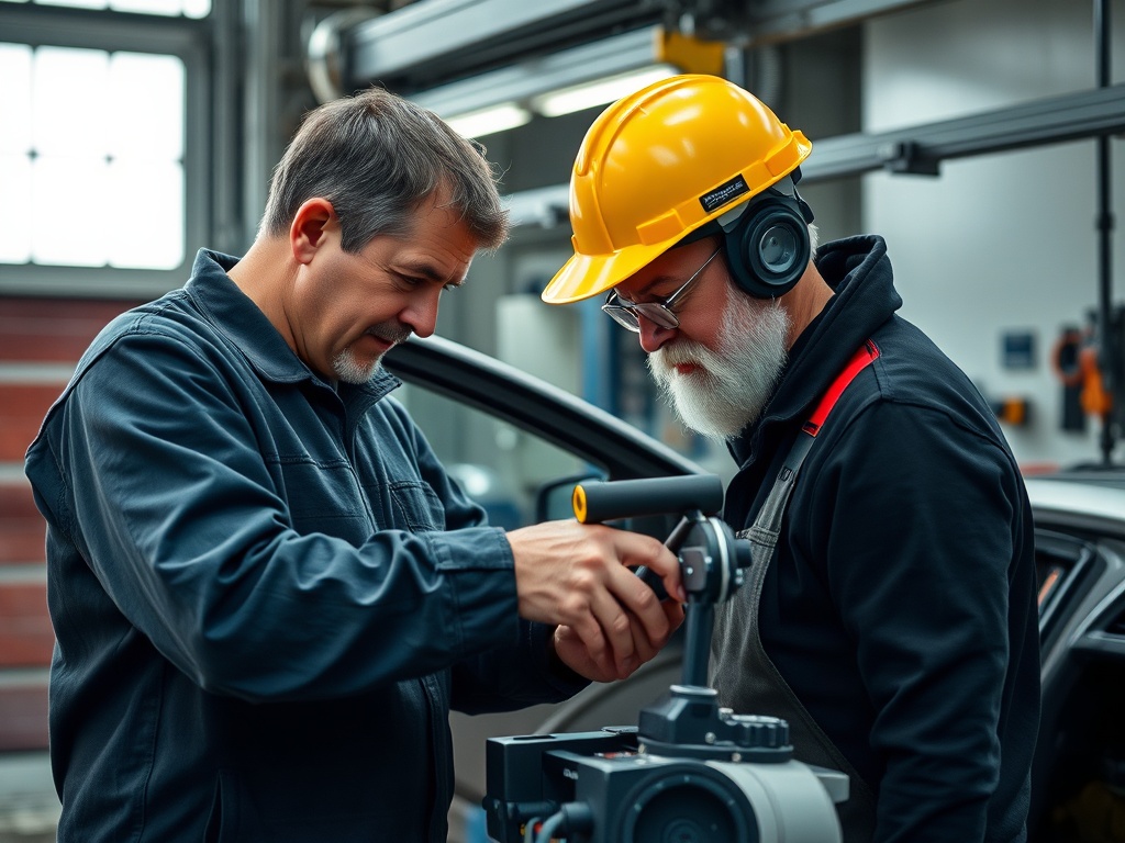 Два мужчин работают в автомастерской, один в каске, другой с инструментом. Атмосфера сотрудничества и обучения.