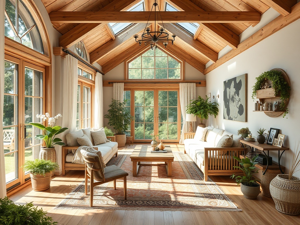 Светлая комната с большими окнами, деревянными балками и уютной мебелью, окруженная зелеными растениями.