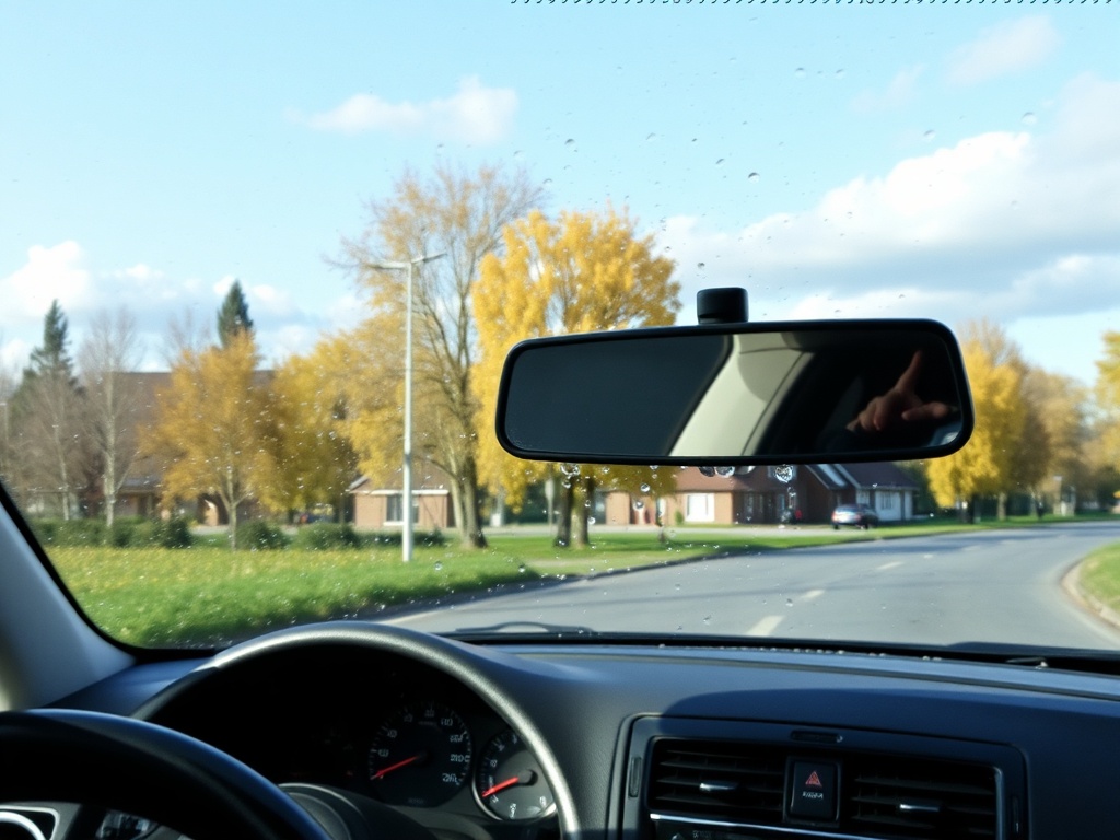 Вид из автомобиля с каплями воды на стекле, отражающий осенние деревья и улицу.