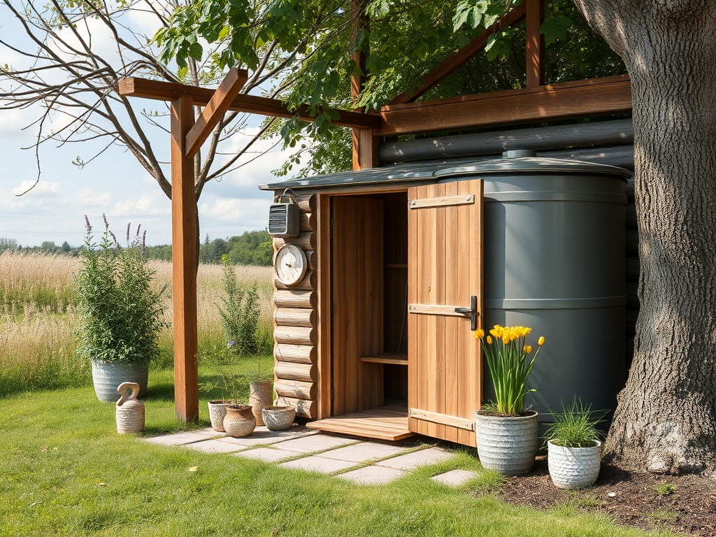 Деревянная хранилище с цветами и растениями на фоне зеленого поля и деревьев в ясный день.