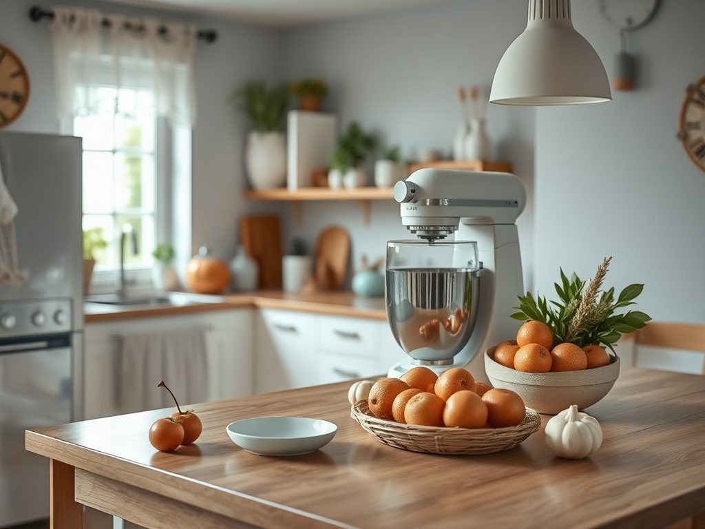 Современная кухня с миксером, фруктами и зеленью на столе, уютное освещение и светлые тона.